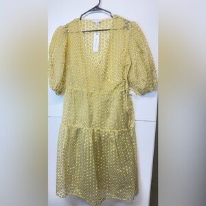 Whimsy Topshop Daisy Puff Sleeve Wrap Dress White w/Yellow Daises Semi Sheer NWT
